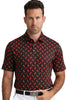 Man wearing a black polo shirt with red pattern on a white background