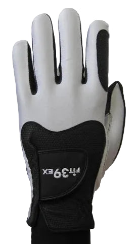 White golf glove with black accents on a light gray background