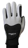 White golf glove with black accents on a light gray background