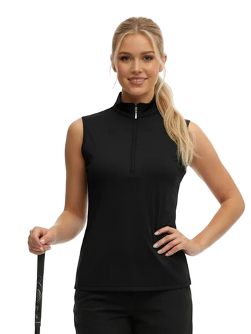 Woman wearing a black sleeveless golf top with a zipper on a white background