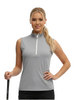 Woman wearing a gray sleeveless golf top with a white zipper on a white background
