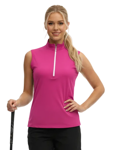 Woman wearing a pink sleeveless golf top with a white zipper on a white background