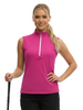 Woman wearing a pink sleeveless golf top with a white zipper on a white background