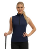 Woman wearing a navy sleeveless pullover with a zipper on a white background