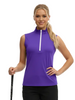 Woman wearing a purple sleeveless golf top with a white zipper on a white background