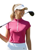 Woman in pink shirt and white skirt holding a golf club against a light background