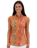 Woman wearing a colorful paisley patterned shirt outdoors
