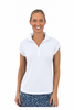 Model in white Corsican Golf cap-sleeve polo with white zip and patterned bottoms