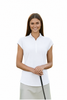 Model in white Corsican Golf cap-sleeve polo with white zip, holding a golf club