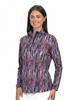 Model wearing Corsican Midlayer Long Sleeve in Rainbow stripe print with navy zip