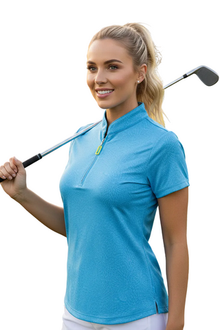 Woman in a blue golf shirt 