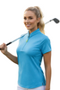 Woman in a blue golf shirt 
