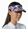 Woman wearing a colorful visor on a white background