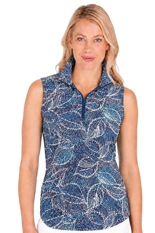 A woman modeling a sleeveless Capri polo top with a blue and white leaf pattern, shown against a plain white background.