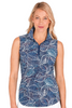 A woman modeling a sleeveless Capri polo top with a blue and white leaf pattern, shown against a plain white background.