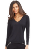 Woman wearing a black long-sleeve top on a white background