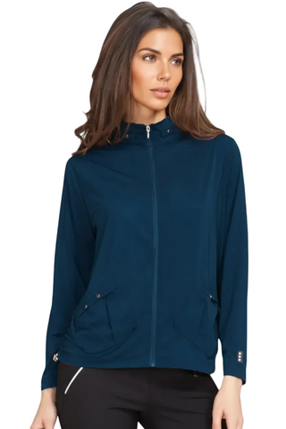 Woman wearing a blue jacket on a white background