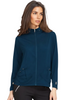 Woman wearing a blue jacket on a white background